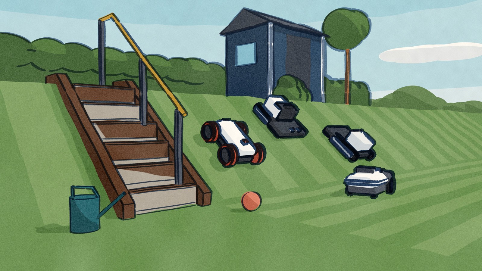 In a hillside back garden, the Kress and two tracked Lymow mowers climb and descend a steep grass bank beside timber steps, while the white Husqvarna mows the flat lawn along its foot.