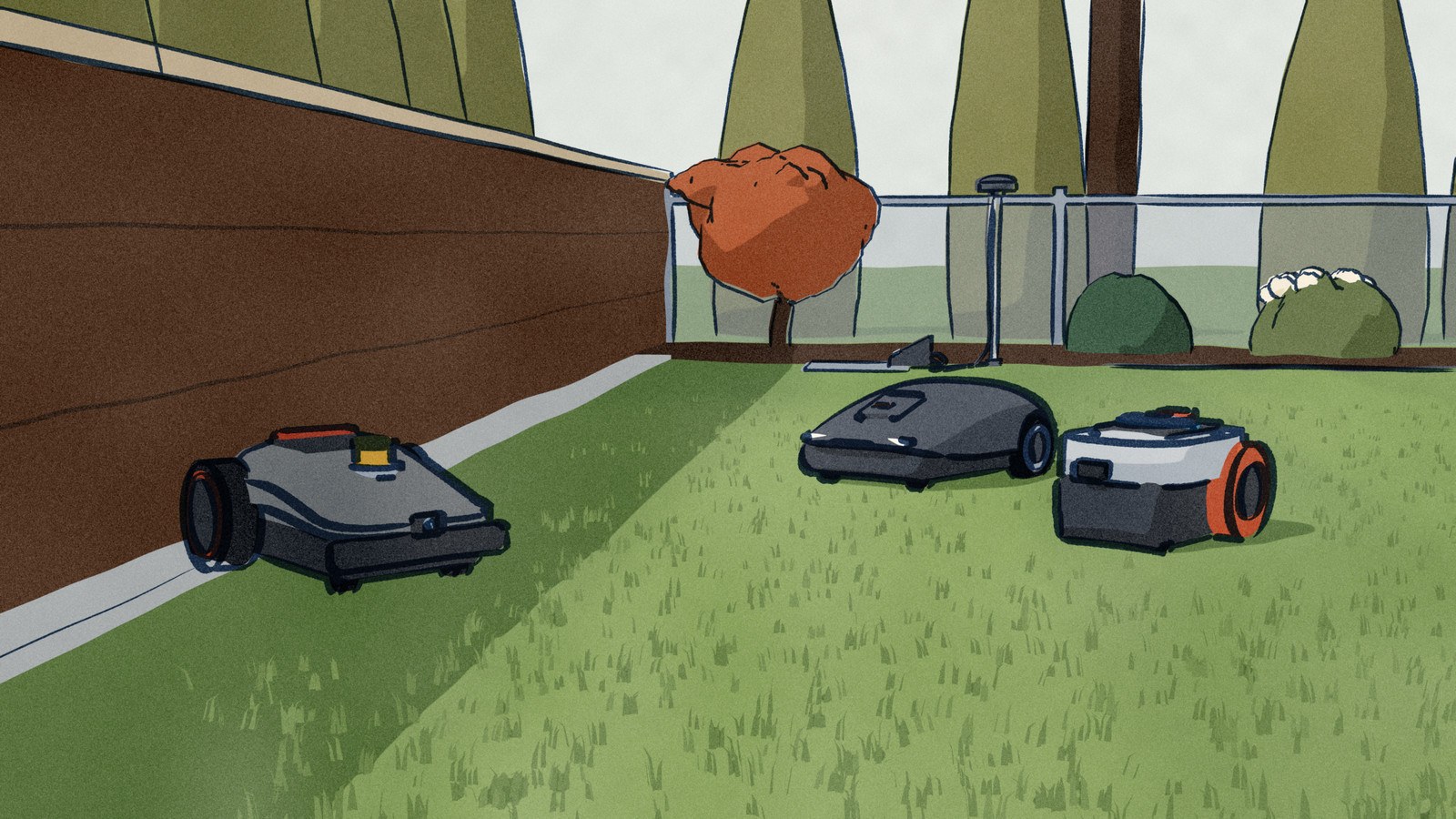 Down a lawn along a brick garden wall, the MOVA LiDAX mower works the shaded strip at the wall's foot while the Husqvarna Automower and the Segway Navimow mow the sunlit open lawn, a satellite antenna on a pole by the far bed.