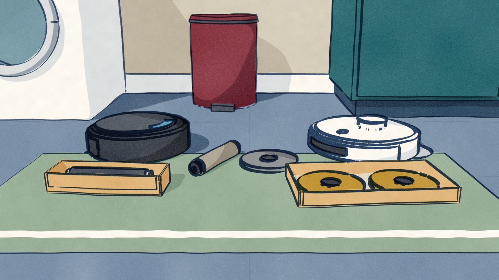 On a utility-room floor a black Lefant robot vacuum has had its worn roller mop taken out, with a new roller in an opened carton beside it, while a white MOVA robot has one of its two round mop pads off, a new pair waiting in their carton, beside a washing machine and a pedal bin.