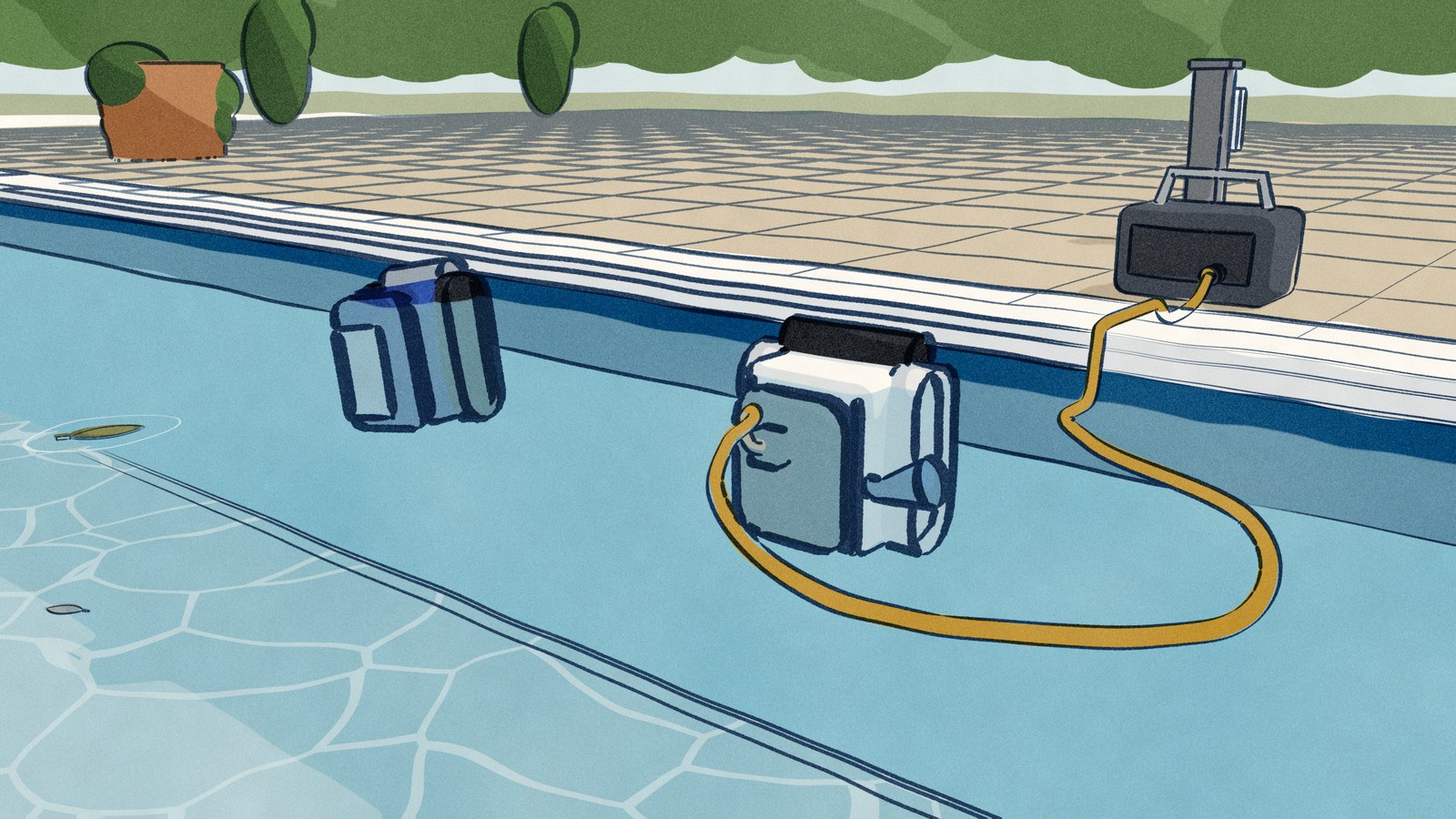 At the waterline of an in-ground pool, the white Hayward TigerShark QC scrubs the tile band trailing its power cord across the water and over the coping to its supply on the deck, while further along the same wall the blue Polaris Freedom climbs to the tiles with no cord at all.