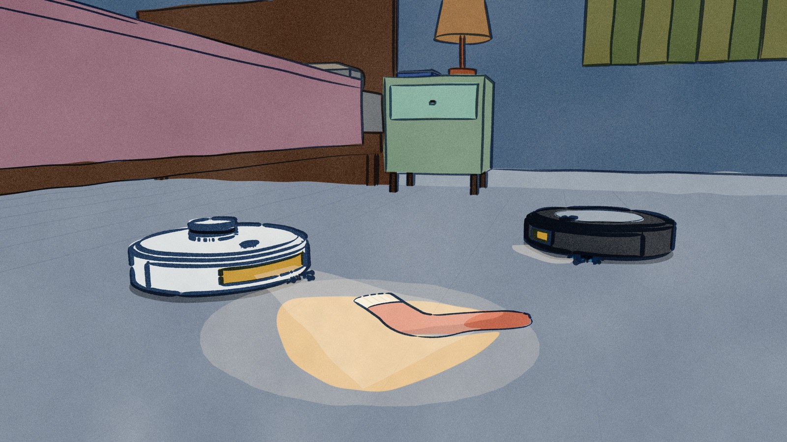 A bedroom at night with the lights off, seen from the floor: a white robot vacuum comes down the bedside lighting the boards ahead with its own LED, over a dropped sock, while a black camera robot sits stopped in the dark with only a faint patch of light at its bumper.