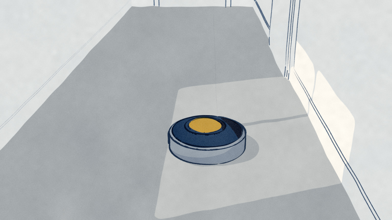 Late afternoon in a long white hallway with closed white doors: low sun through a single window lays a bright slab across the floor, and a robot vacuum that navigates by camera has stopped in the glare.