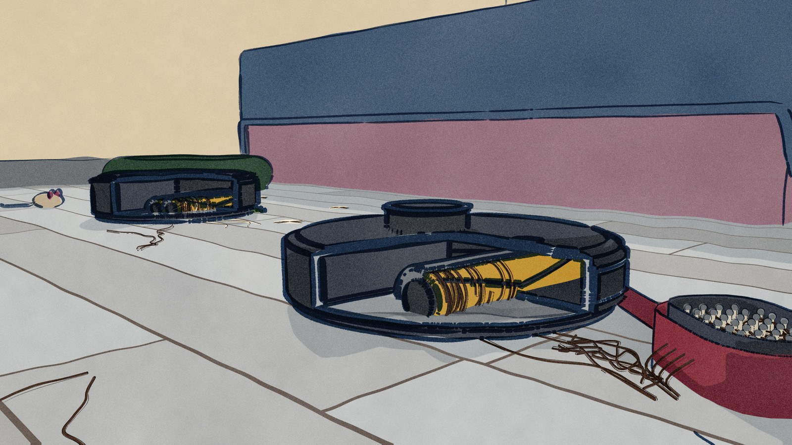 On a bedroom floor beside a dropped hairbrush full of long hair, a Roborock S7 Max Ultra and an iRobot Roomba Max 715, each cut open at the front, draw long hair and cat fur onto their rubber brush rollers.