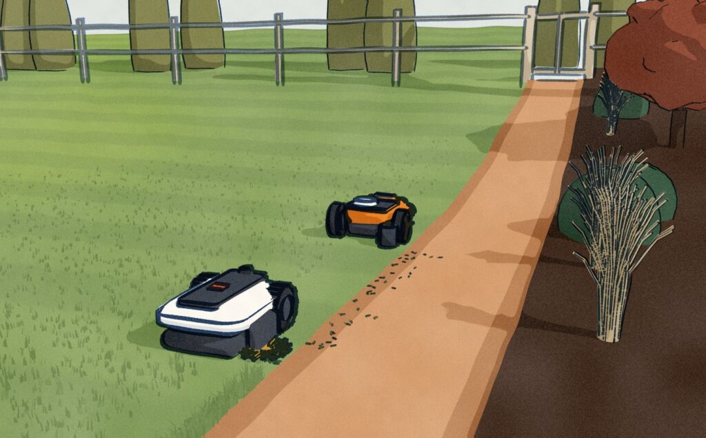 Low at the lawn edge beside a brick path: the Ecovacs mower trims the grass against the bricks with the brush trimmer on its side, and a Worx mower runs the same edge away with its offset blade pod to the path.