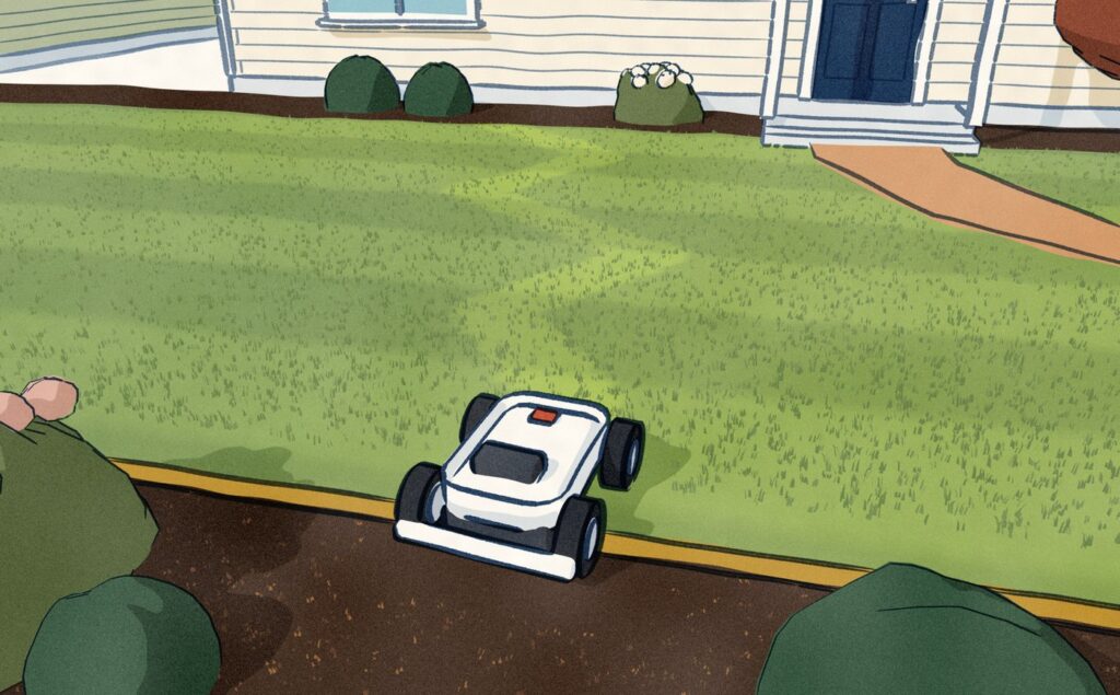 In the front yard, on the far side of the house from its station, the first-generation LUBA has left its stripes and run over the lawn's steel edging, its front wheels down in the flower bed.