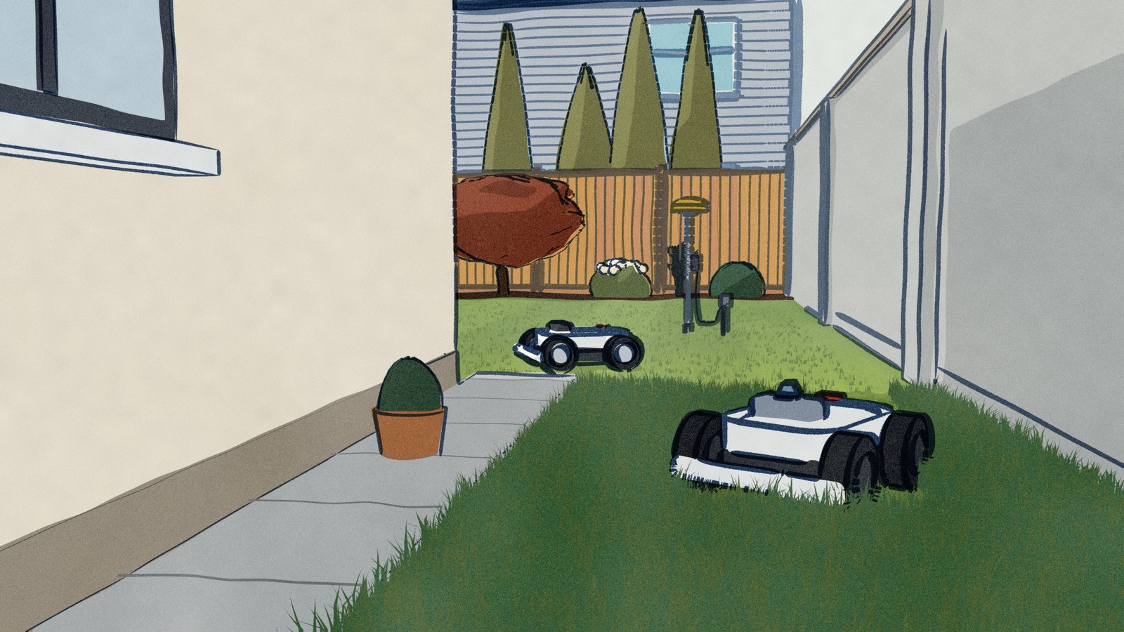 In the shaded passage between a house and a tall garden wall, where the grass has been left long, the LUBA 3 mows a fresh lane toward the camera, while out in the sunlit back garden the first LUBA mows near the RTK station on its pole.