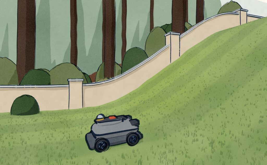 The Roborock stands level on the lower lawn at the foot of a steep mown bank, turned to climb it, the garden's stone wall stepping up the bank behind and the wood beyond.