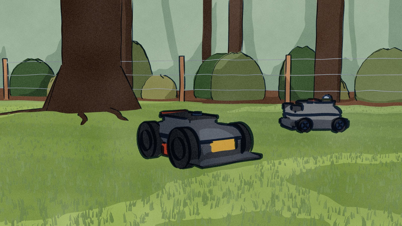 At mower height among an old oak's roots, the MOVA mows toward the viewer in the tree's shade while the Roborock crosses behind it, with a sunlit lawn, a wire fence and woods beyond.
