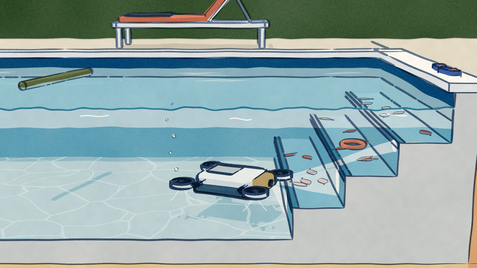 A backyard pool cut open through its entry steps: a pool robot hovers on four thrusters at the foot of the steps, its laser lighting each step, while leaves and silt lie on the steps above it.