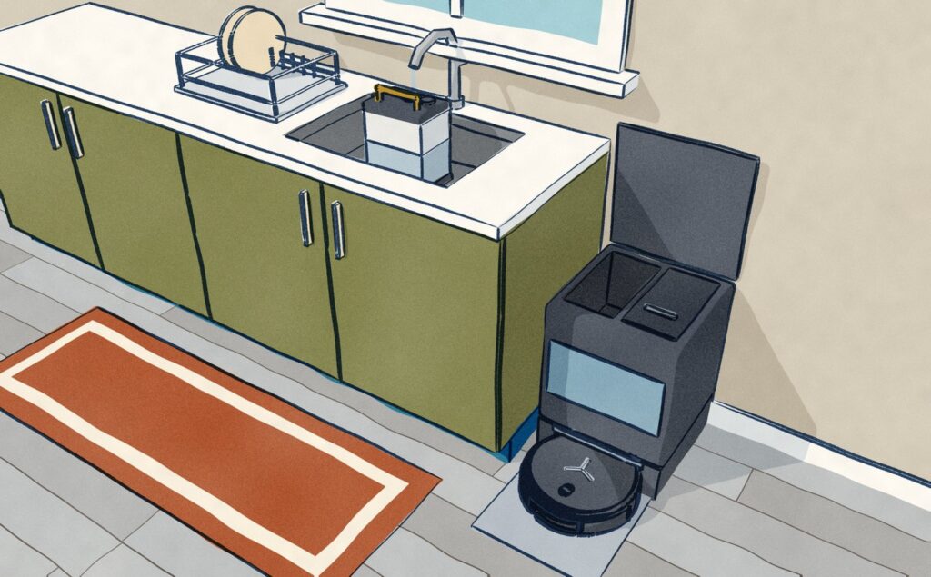 In the kitchen, a charcoal Deebot X11 waits docked in its station with the lid up and the tank well empty, while the station's clean-water tank stands in the sink basin, filling under the running tap.