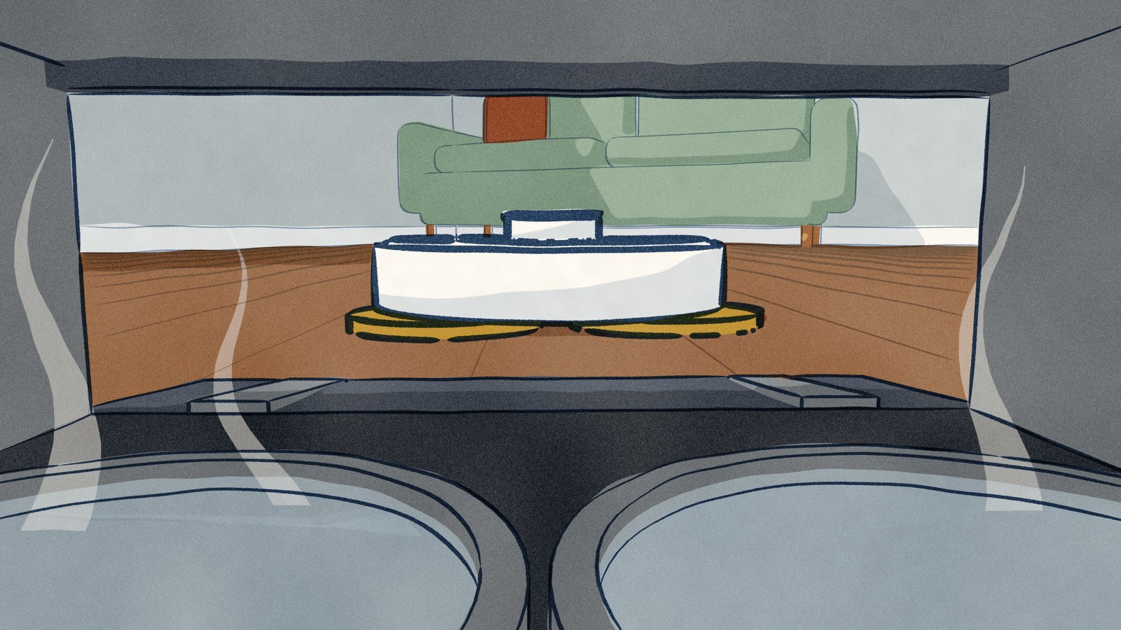 Seen from inside its wash station, a white MOVA P70 Pro Ultra reverses toward the ramp with its two spinning mop pads leading, while thin wisps of steam rise from the hot wash tray.