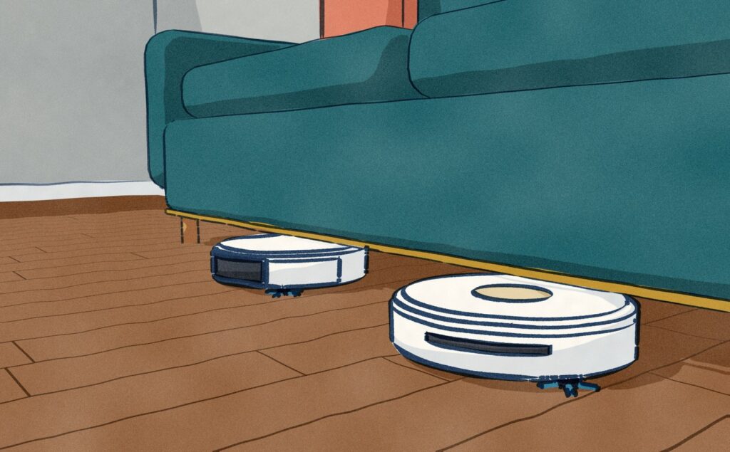 In the living room, the MOVA and the Xiaomi robot vacuums, out of their docks and cleaning, come out side by side from the low gap under a sofa; both bodies are 90 mm tall and both pass under its brass-trimmed edge.