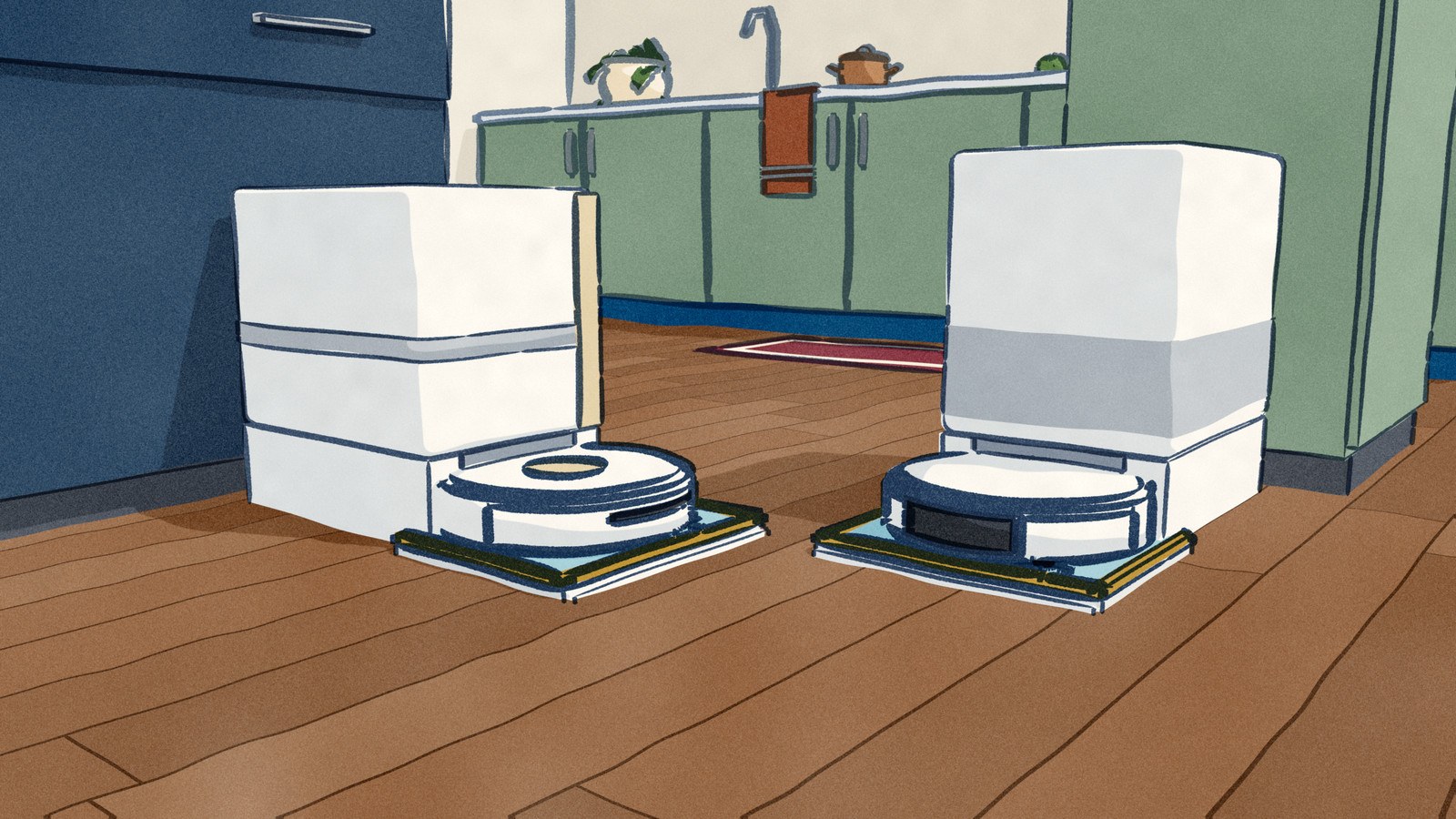In an open kitchen after the morning mop, a MOVA robot vacuum sits in its white dock against the dark blue island's end and a Xiaomi sits in its dock against a green larder across the walkway, both backed in and washing their roller mops in gold-rimmed trays.