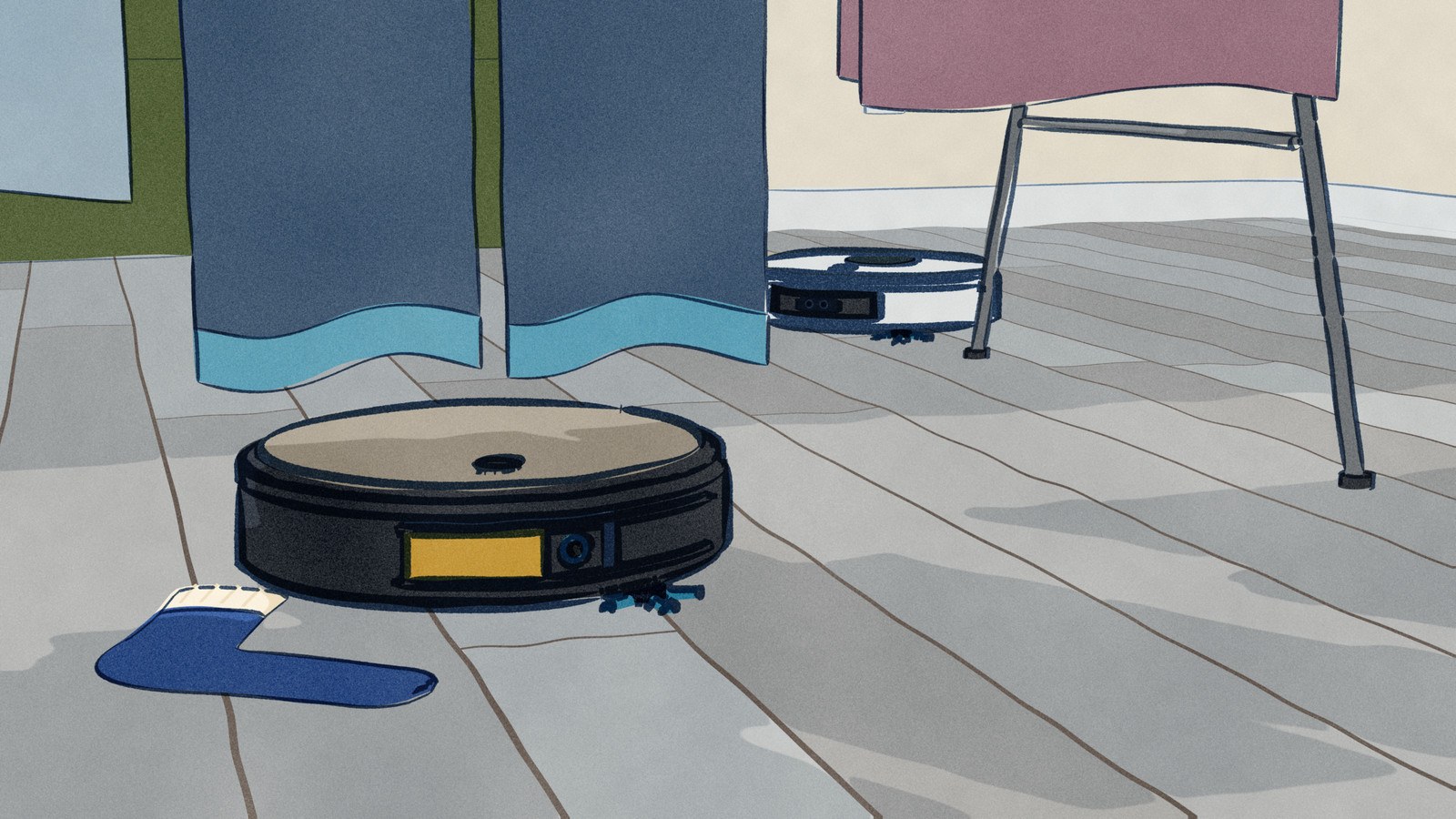 Seen from knee height by a clothes airer hung with laundry, a black Ecovacs X12S robot vacuum comes out from under a pair of drying jeans with a gold shutter sliding shut over its front camera, while a white MOVA V70 works past further back with its camera uncovered.