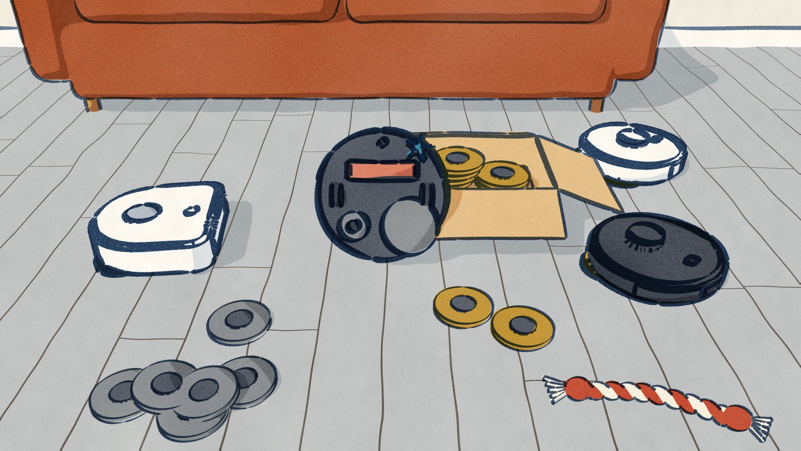 A pad change on a sitting-room floor: one robot vacuum-mop is tipped up against an opened box of new mop pads with one worn pad still on, one robot comes in on its worn pads and two go back to mopping on new ones.