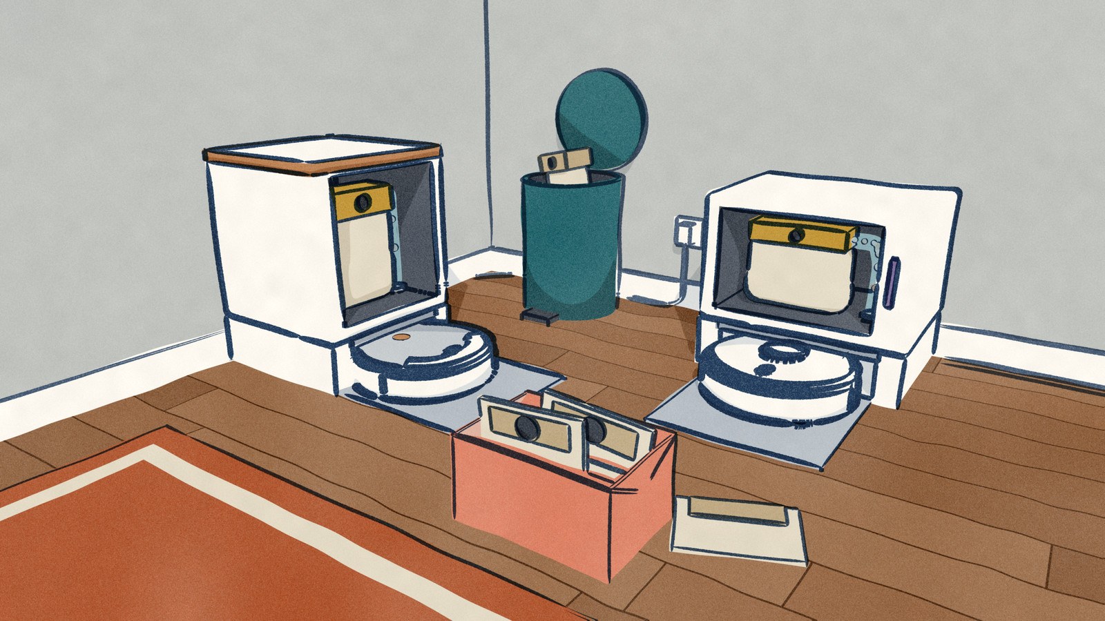 In a hall corner the two robot vacuums sit in their docks, each dock cut open to show its paper dust bag filling with grey dust; a carton of spare bags stands open on the floor and a pedal bin holds the last full bag.