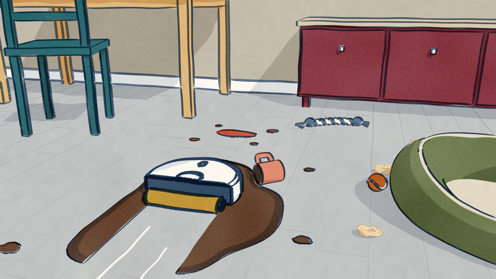 A white robot vacuum, cut open at the back to show its roller mop pressed on the floor, has mopped a clean lane through a dried coffee splash beside a tipped-over mug and is heading for ketchup drips under the dining table, with a red sideboard against the wall and a dog bed, ball and rope toy at the right.
