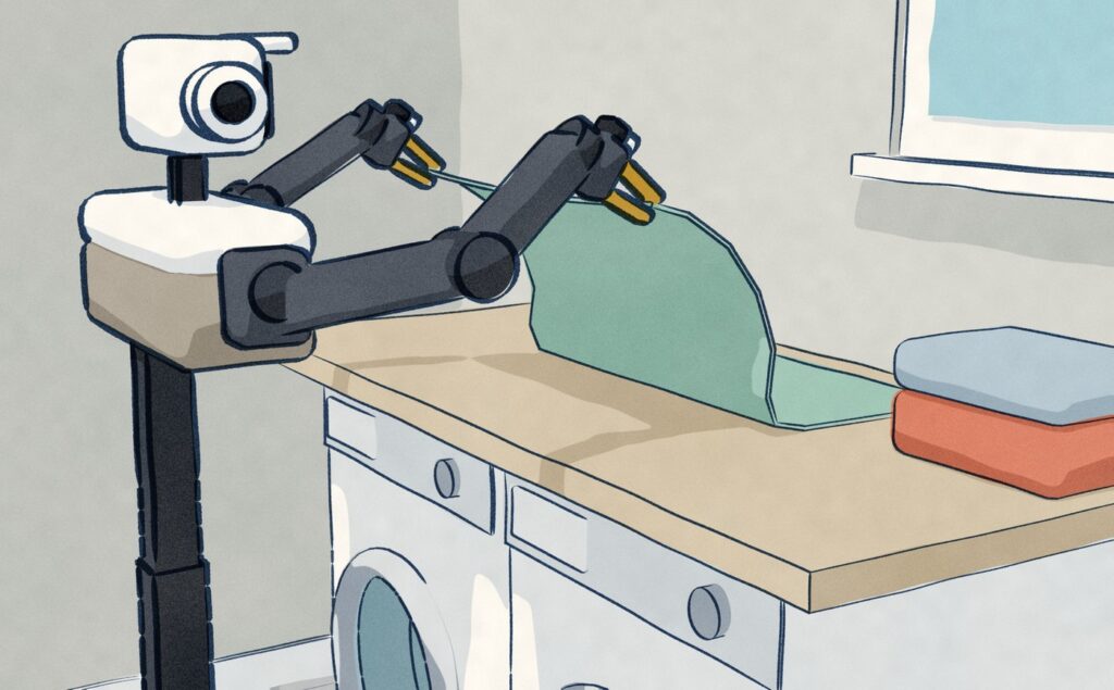 Close in the laundry room, Nori A3 lifts the near half of a towel over in a fold on the counter above the washers, its soft gripper fingers pinching the two corners and a small camera on each gripper.