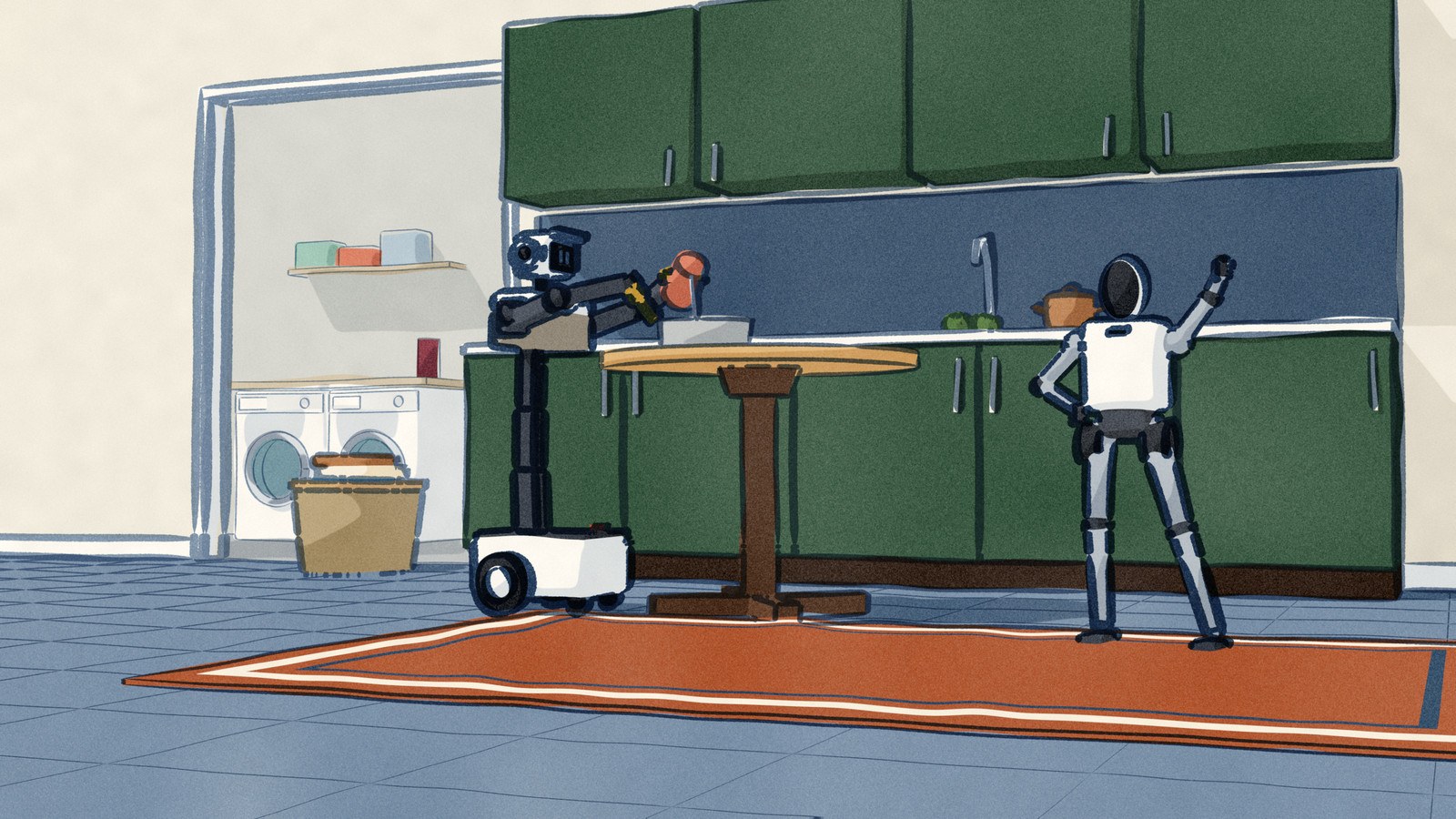 In a family kitchen the wheeled Nori A3 pours milk from a jug into a mixing bowl at the breakfast table with its two jointed arms, while the two-legged Noetix Bumi dances on the rug.