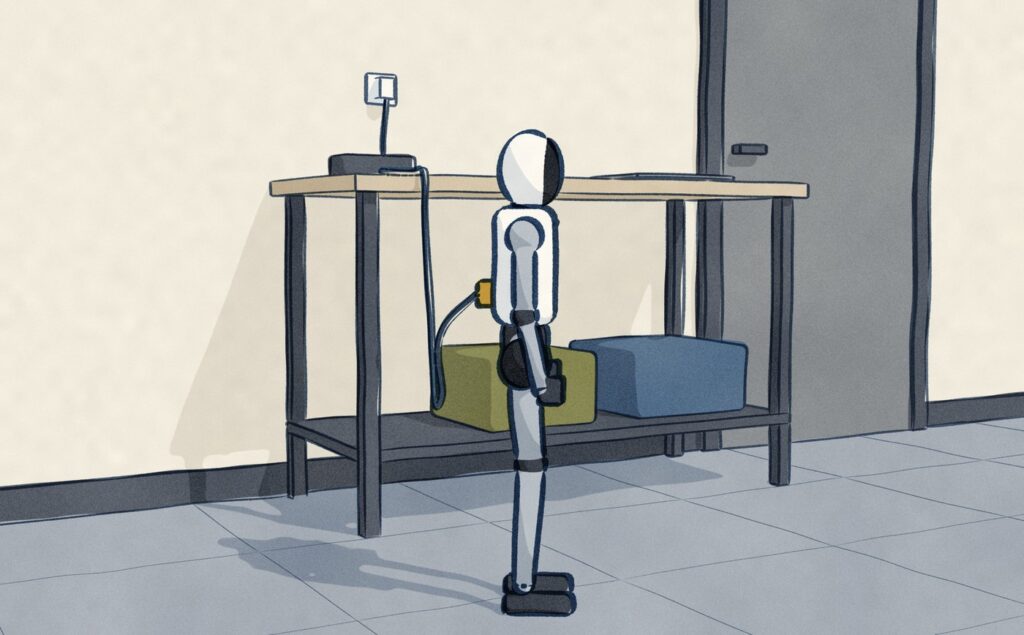 In the front corner of the robot lab the Noetix Bumi stands powered down, arms at its sides, a charge lead running from its back to a charger on the bench beside a closed laptop.