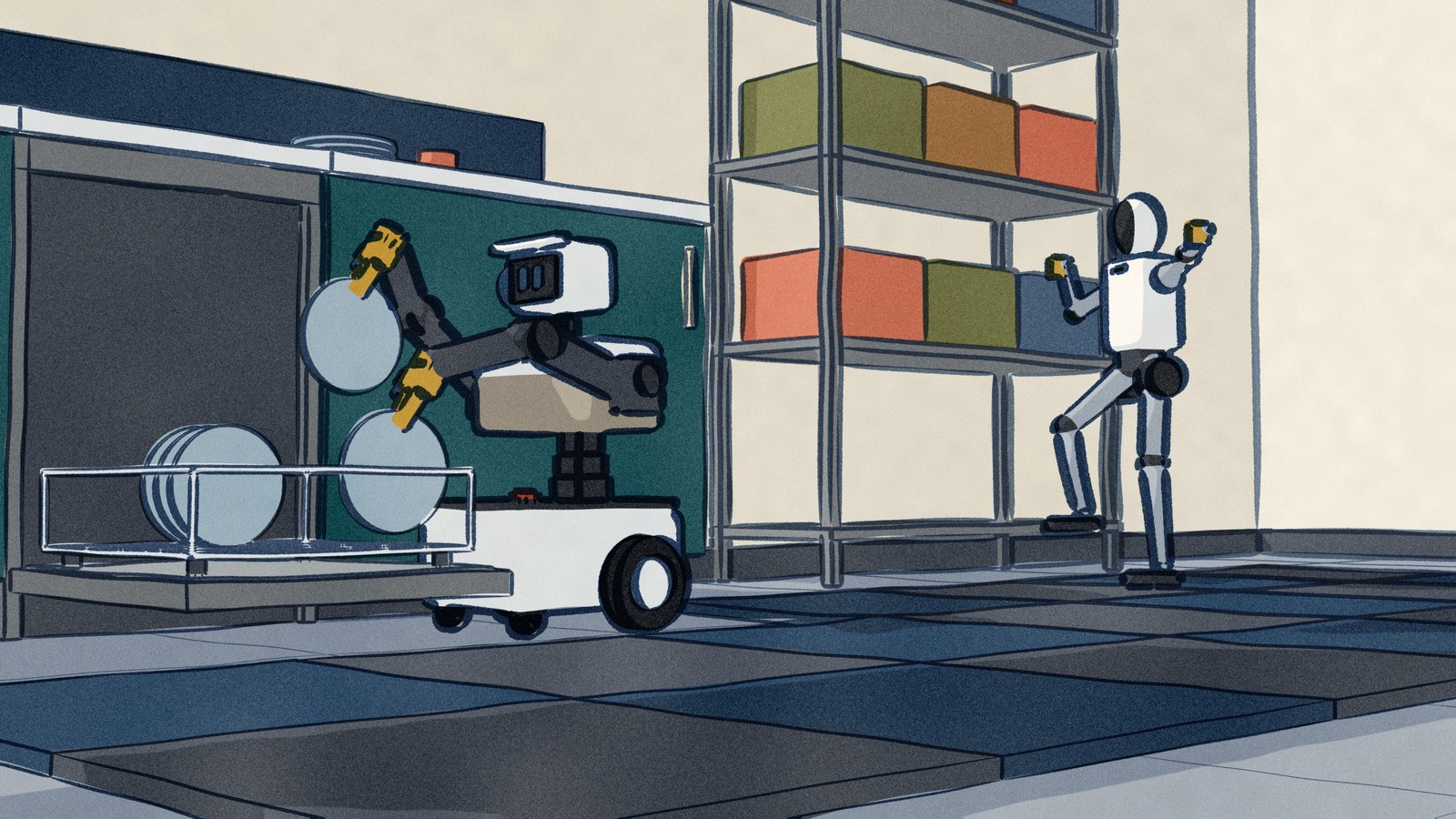 In a robot lab Nori A3 loads plates into an open dishwasher with its two grippers, while across the floor the two-legged Noetix Bumi dances on a foam practice mat.