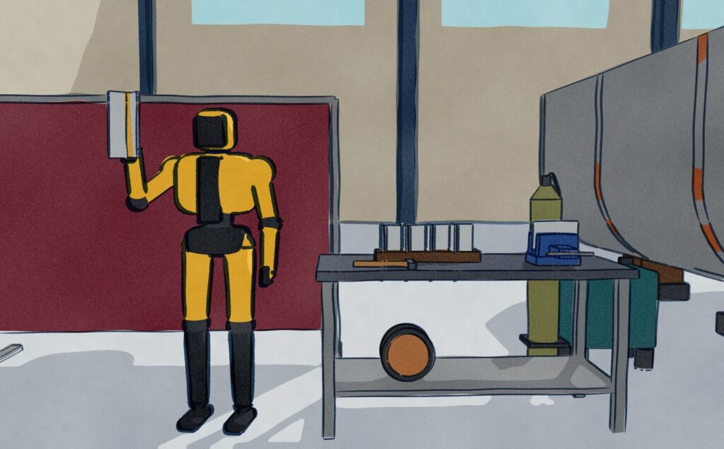 At a shipyard's weld test bench, a yellow Persona AI Gen 1 humanoid holds up a finished T-joint test coupon for checking, beside a rack of finished samples and a vice holding the next plates.