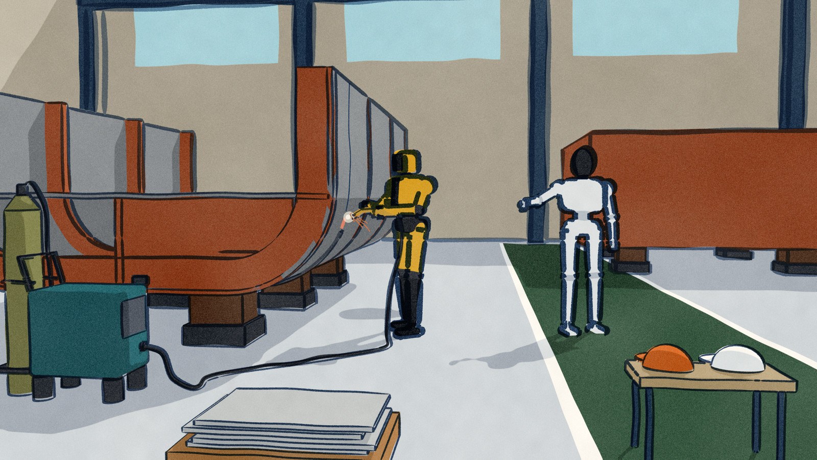 In a shipyard hall a yellow Persona AI Gen 1 humanoid welds a seam on a grey hull block, while a white XPENG Iron on the green visitors' walkway faces the viewer with one arm out toward the work, like a tour guide.