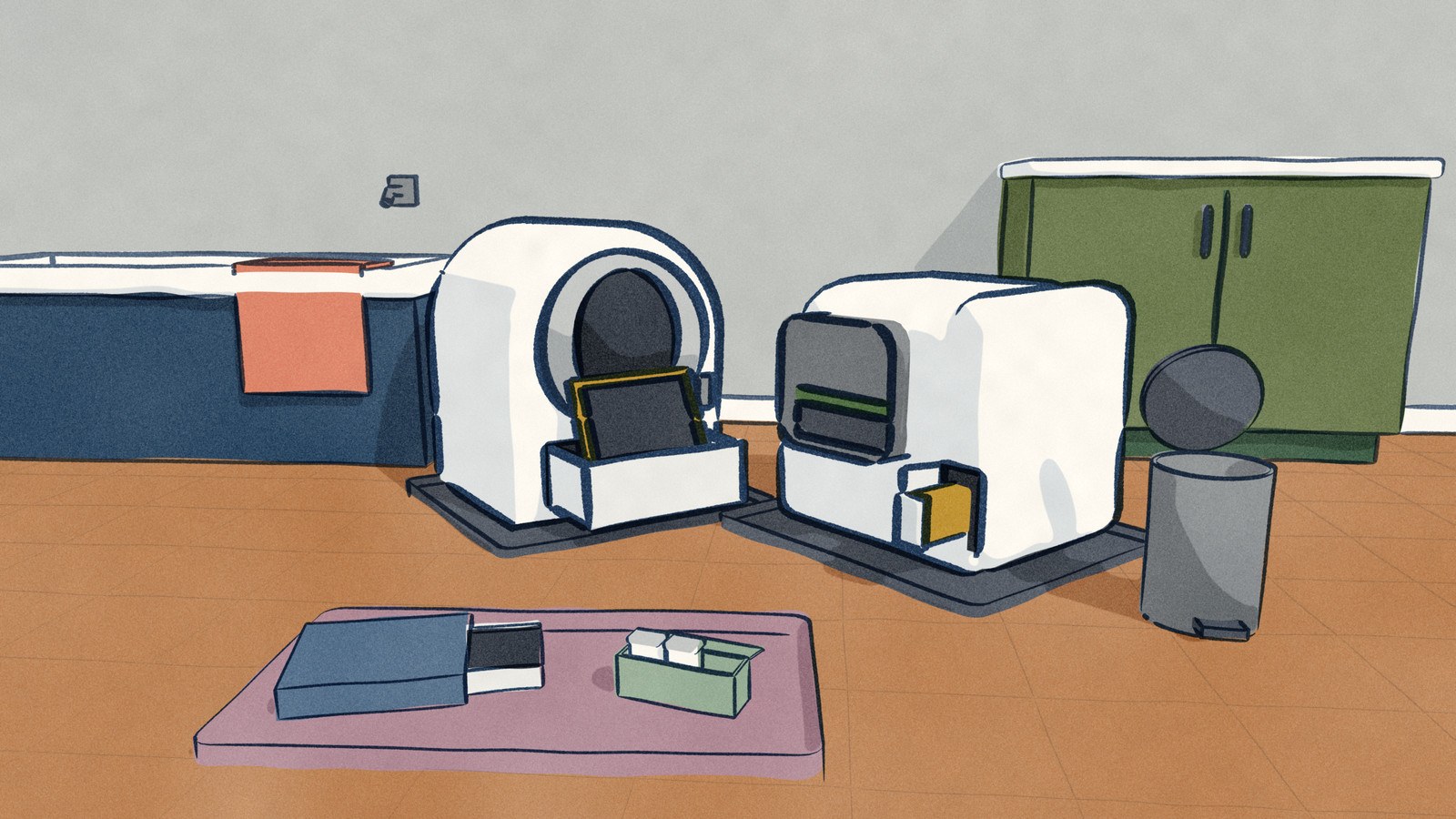 In a bathroom, two white self-cleaning litter boxes are open for their odor parts: the CatLink's drawer is out with its carbon filter lifted, the PetKit's side hatch is open with its cartridge sliding out, and the refills wait on the bath mat.