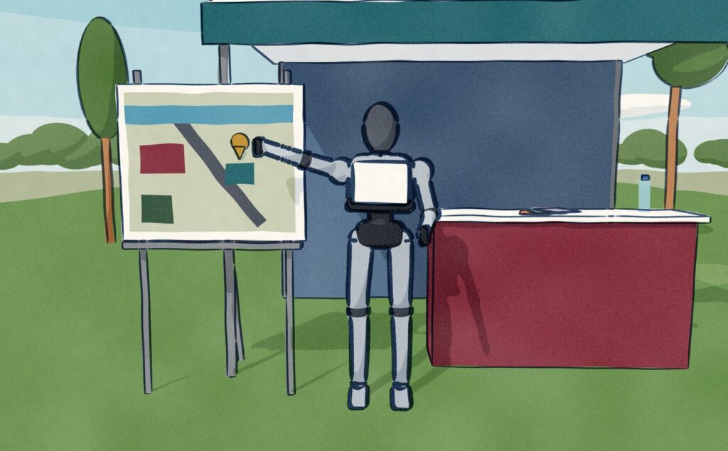 At the festival's welcome booth the AgiBot A2 stands beside the counter and points a visitor to the gold you-are-here pin on the site map.