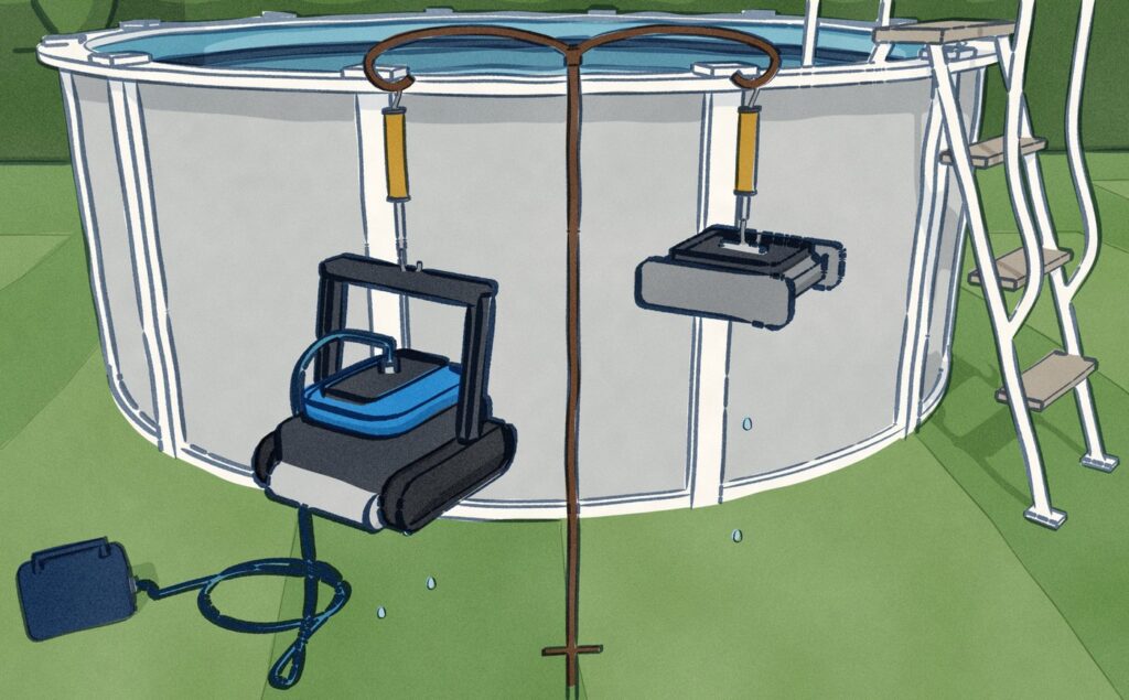 Beside an above-ground pool, two pool robots just lifted out hang dripping from hook scales on a garden hook: the heavier corded cleaner swings its needle about twice as far round as the small floating skimmer.