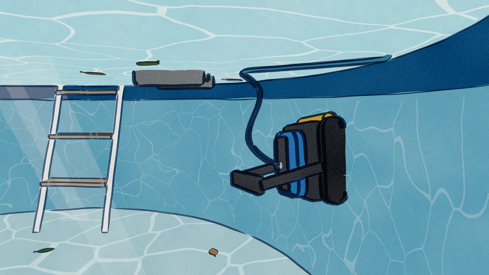 Under the water of a round above-ground vinyl pool: a black and blue corded pool robot climbs the steep liner wall to scrub the waterline, while a flat grey skimmer only floats at the surface above, among fallen leaves.