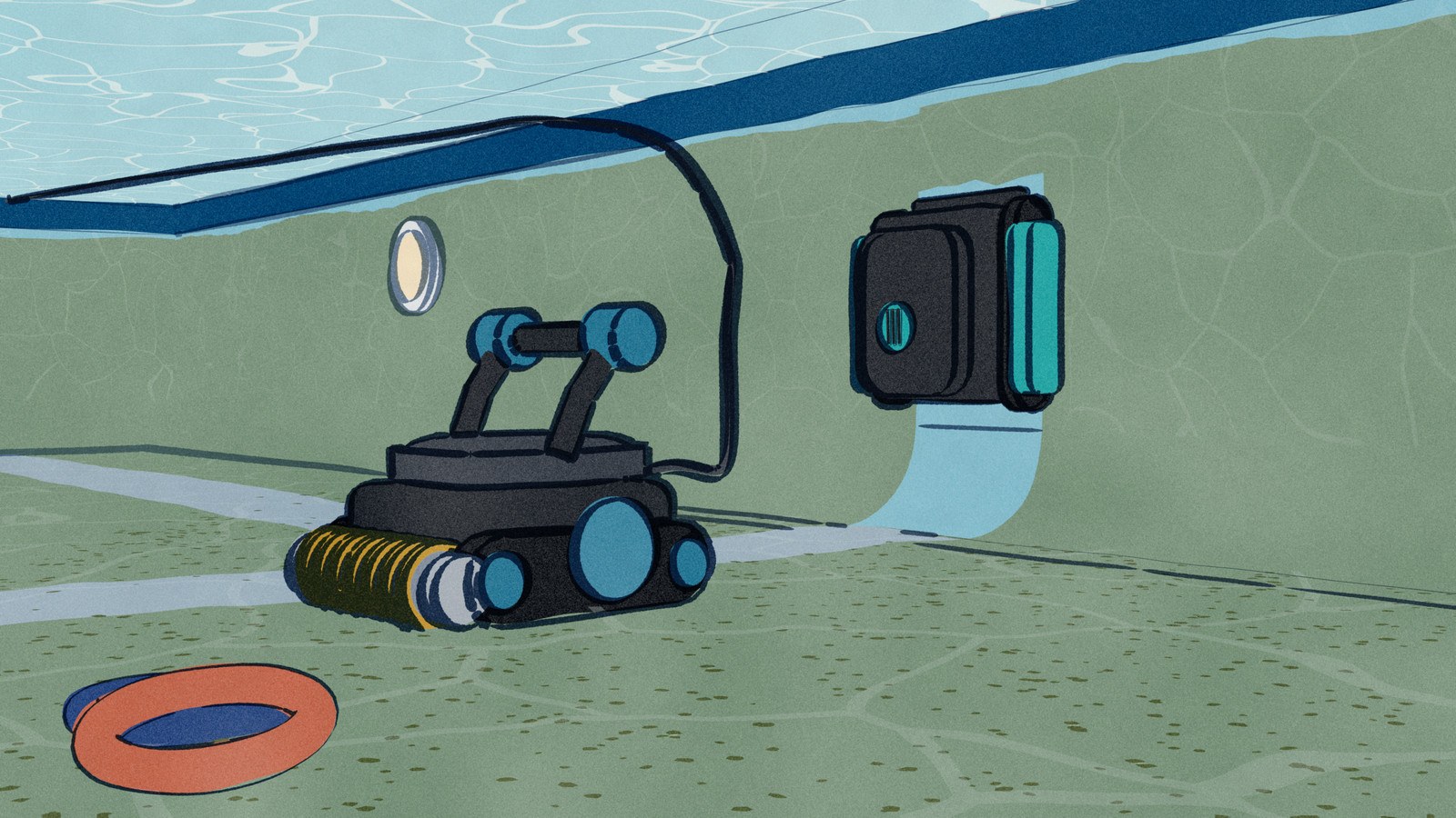 Under the water of a gunite pool, a Dolphin Premier scrubs a clean lane through green algae on the rough floor, its brush rollers to the front, while an Aiper Scuba V3 climbs the side wall behind it.
