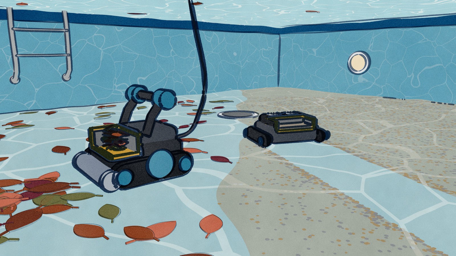 Under the water of a backyard pool, a pool robot ploughs into a bank of sunk autumn leaves while a second crosses a drift of fine silt, each cut open to show its filter holding whole leaves or a fine grey layer.