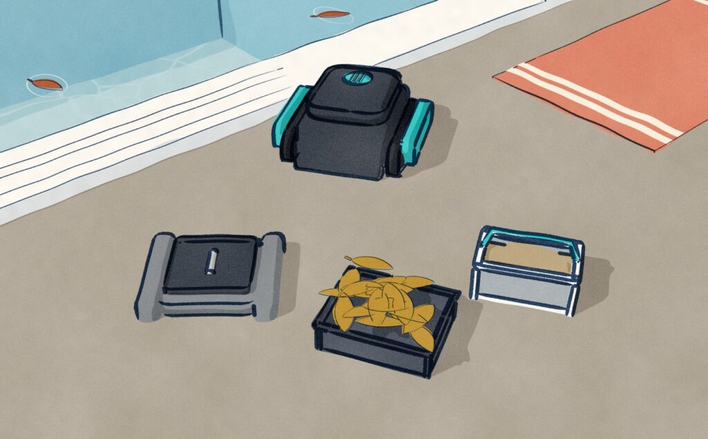 On the pool deck after the run, the Surfer S1 sits beside its lifted-out basket heaped with the leaves it skimmed, and the Scuba V3 sits beside its fine filter, caked grey with silt from the pool floor.