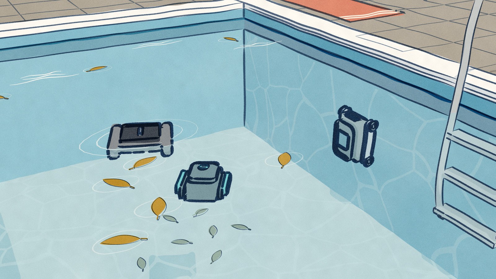 Looking down through the clear water of a garden pool: the Surfer S1 skims floating leaves on the surface, its shadow far below, while the Scuba V3 clears sunk leaves from the floor and the Osprey 700 climbs the side wall.