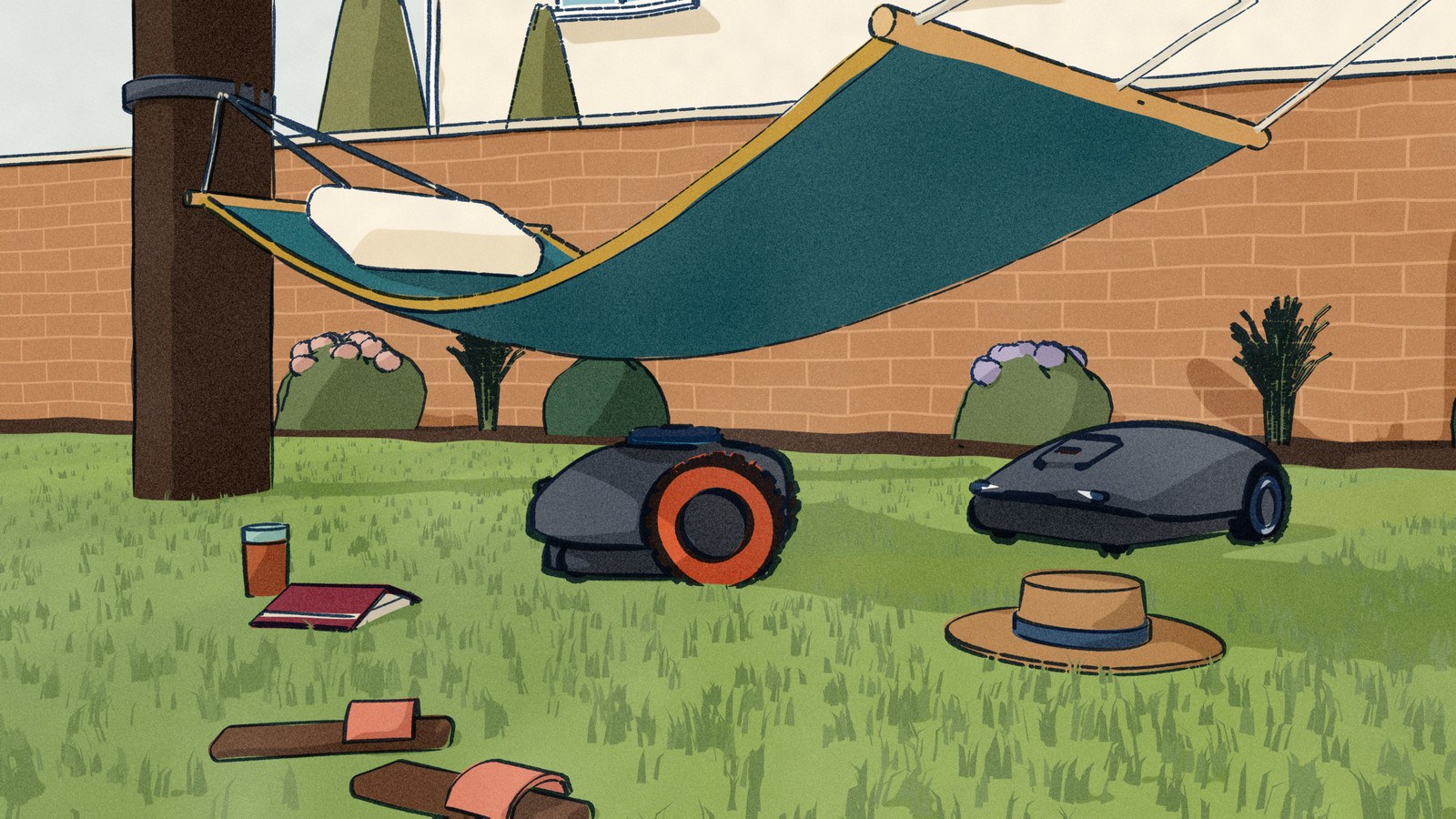 On a summer afternoon a Segway Navimow robot mower mows under a hammock slung at the end of a back lawn while a Husqvarna Automower 410 iQ comes down its own lane beside it, past an open paperback, a glass of iced tea, a sun hat and a pair of slides left in the grass.