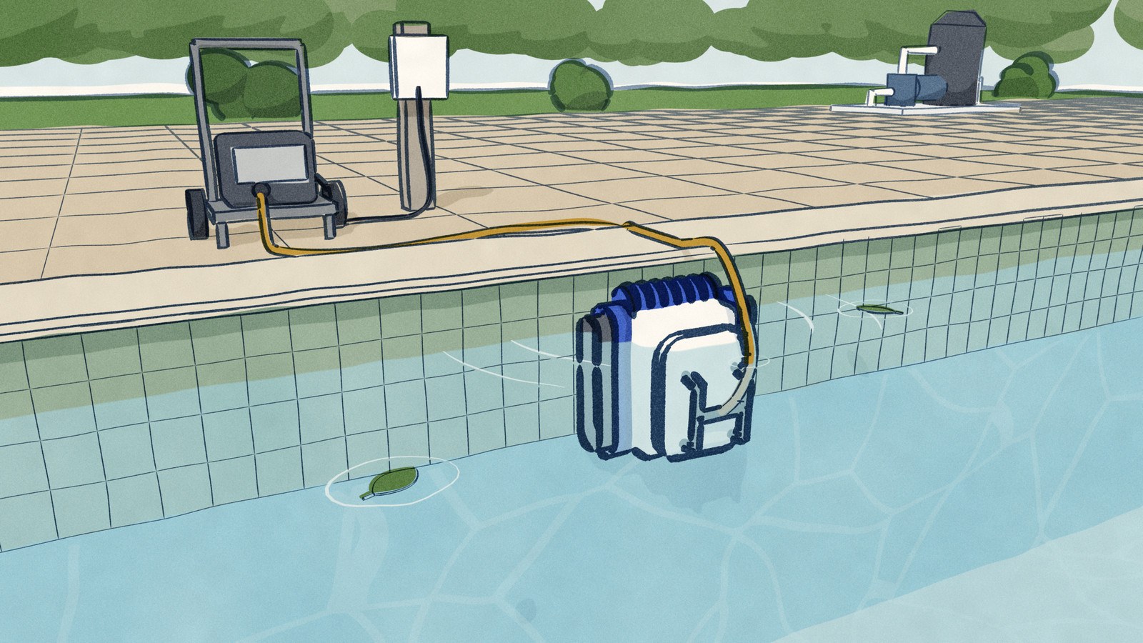 A white pool robot with blue tracks climbs the pool wall, its brush breaking the surface, its floating cable rising over the coping and across the deck into its own small power supply on a cart, with the pool pump far off on its pad.