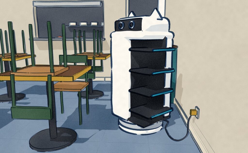 After closing, with the chairs turned up on the tables, a white cat-faced tray robot with four empty trays stands in the corner by the dark kitchen door on a charge lead plugged into the wall.
