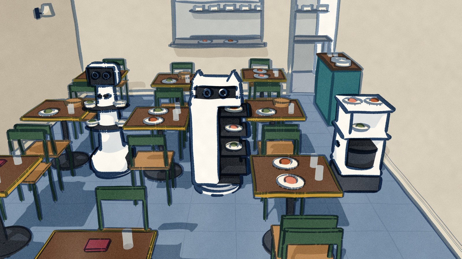 Three white restaurant robots carry plates out of the kitchen down three aisles of different widths between rows of small tables.