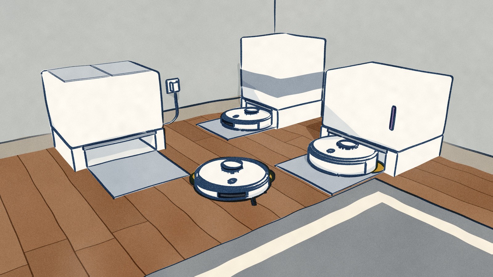 In the corner of a room, a white Roborock Qrevo 2 Pro rolls off its wash dock on the back wall with its gold mop pads showing under it, while on the side wall a white Narwal and a white Dreame sit in their own docks.