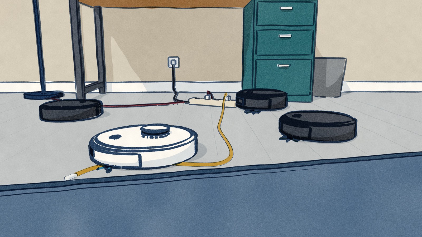 On a home-office floor a white robot vacuum drags a phone cable it has sucked up, pulling the power strip out from under the desk, while three black robot vacuums work the same floor, each nearing a cord.