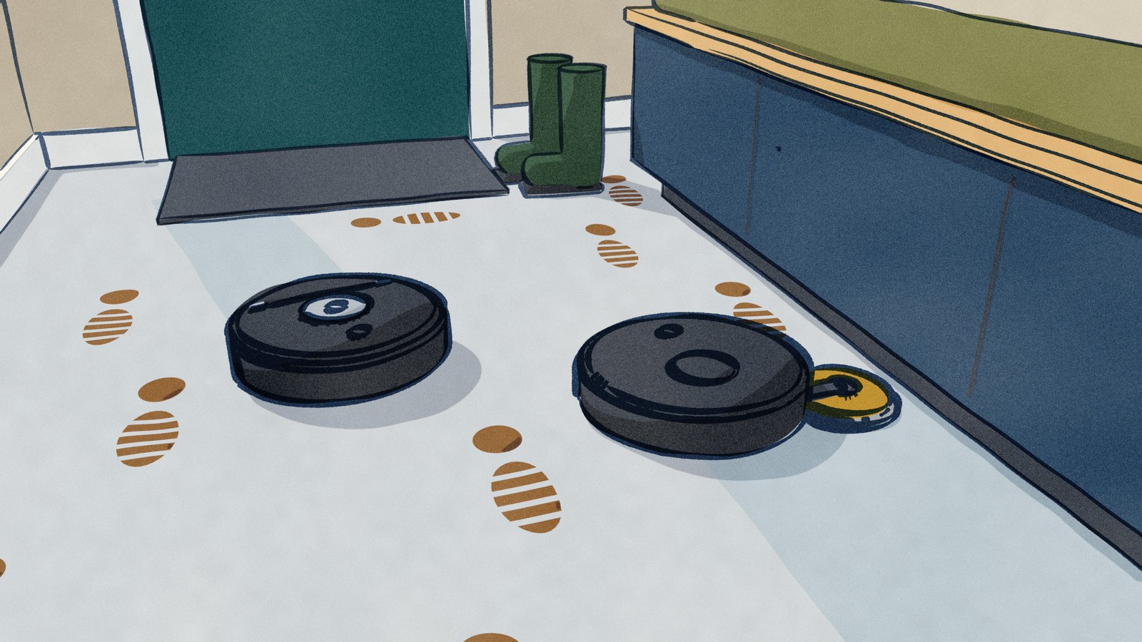 In a front hall printed with muddy boot prints, the Roborock runs along the shoe bench toward the door with its right mop pad swung out toward the toe-kick, while the MOVA comes down the hall through the prints, a clean wet lane behind its roller.