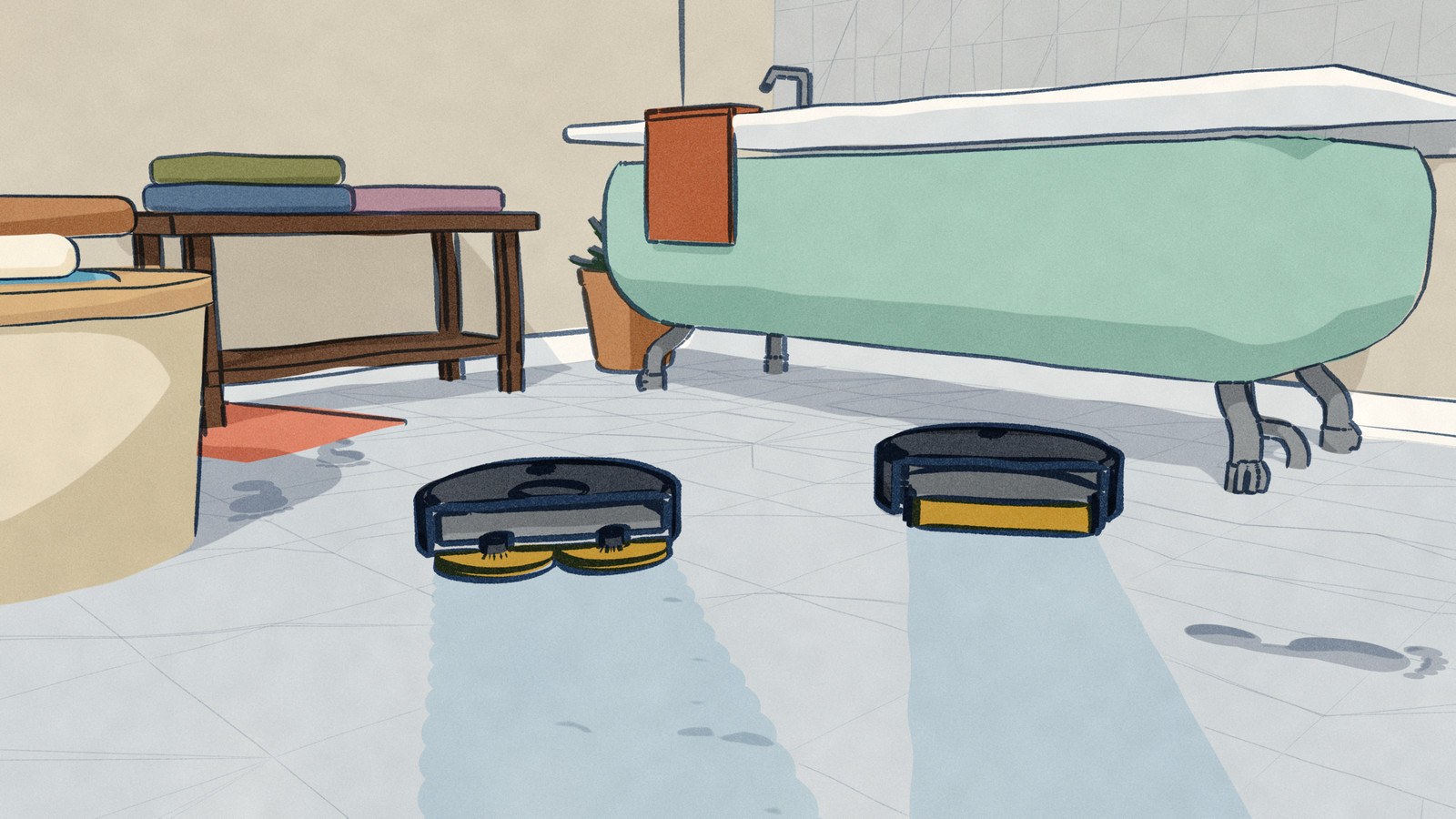 In a bathroom just after a bath, two black robot vacuum-mops wipe through wet footprints on pale tiles, each with its tail cut away: two round spinning pads under the Roborock Qrevo Edge 3 Pro, and one roller under the Roomba Max 875 Combo.