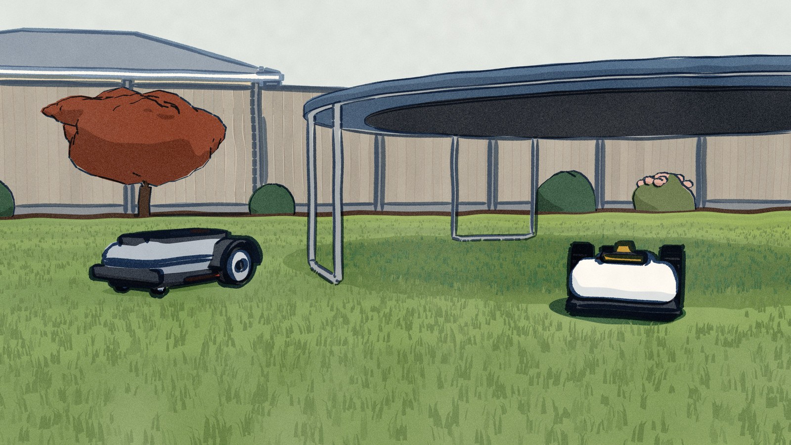 The white Mammotion mower works in the shade under a garden trampoline, its LiDAR head first, while the grey and black Roborock mows the open lawn in the sun.