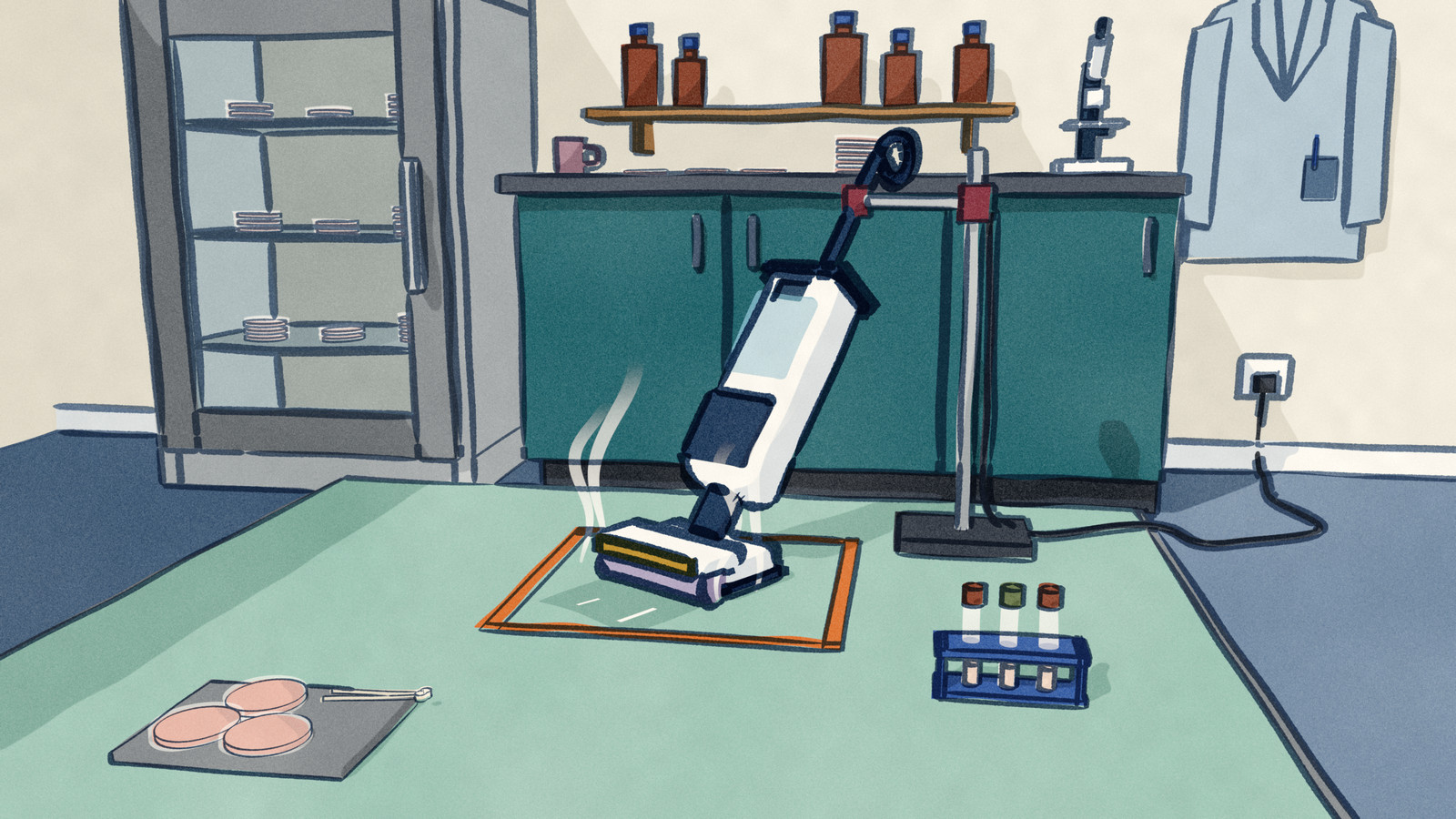 In a test lab, an upright steam floor washer is clamped in a stand on a raised test panel, its head inside one taped square with thin steam rising, beside a tray of agar dishes and a rack of swab tubes, with an incubator, a microscope and a lab coat behind.