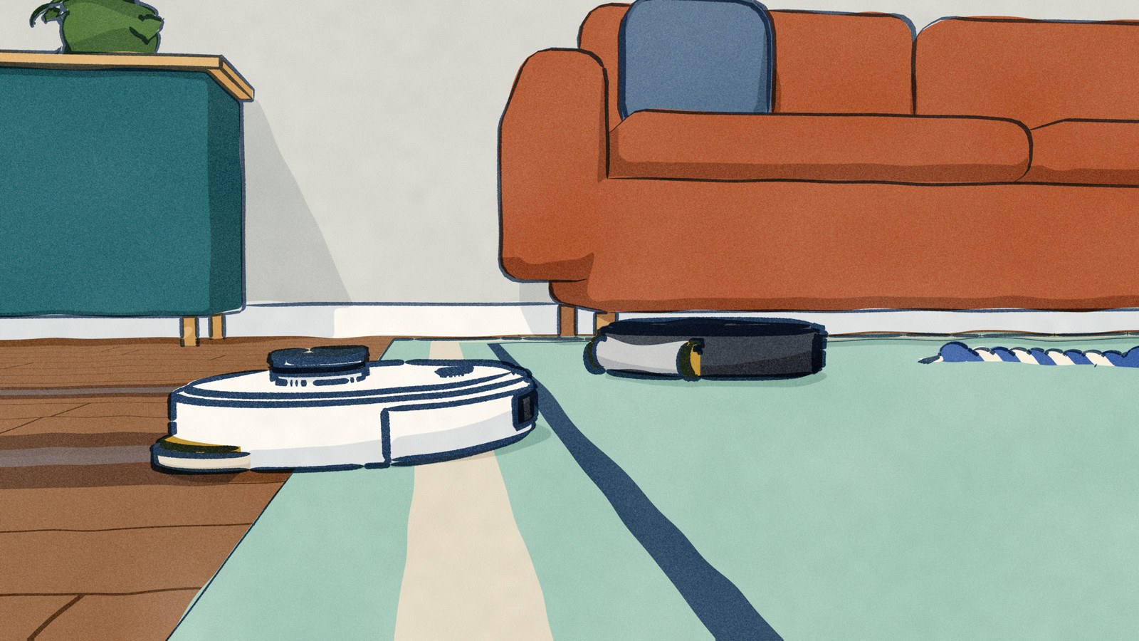 At floor level in a living room, a white robot vacuum noses off the wooden floor onto a pale green rug with its two round mop pads lifted over the boards, while a black robot vacuum already on the rug turns away with its roller mop lifted; their two wet lanes on the boards stop where the mops came up.