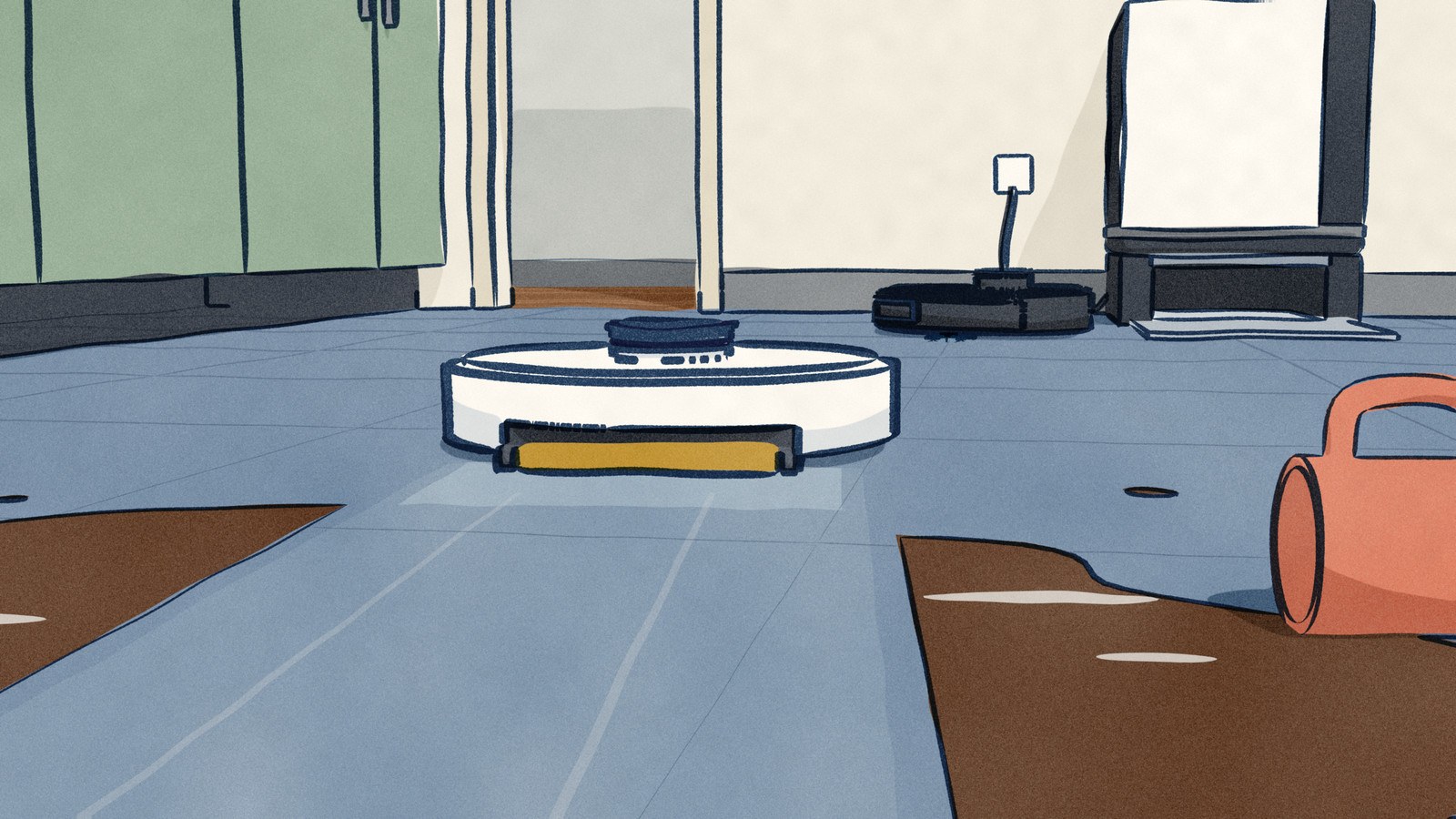 Seen from the kitchen floor beside a dropped mug: a white Narwal Flow 2 has mopped a clean lane straight through the spilled coffee, while across the kitchen a black Roborock S8 MaxV Ultra has left the floor and turned its tail to its dock to have its pad washed.