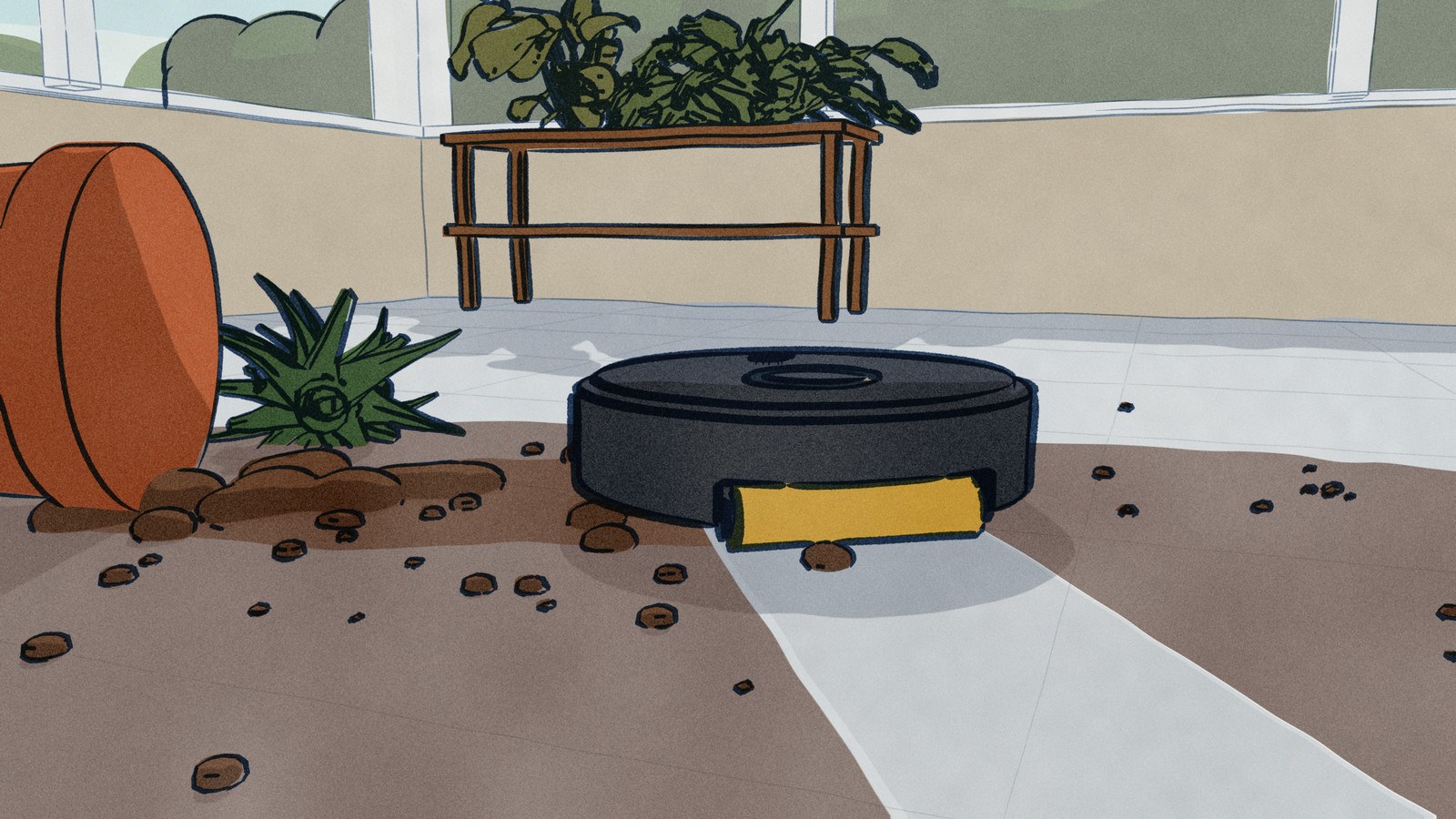 Seen from the floor of a garden room, a black MOVA robot mops on through wet potting soil spilt from a knocked-over plant, its roller mop in view under its rear edge and one clean damp lane behind it.