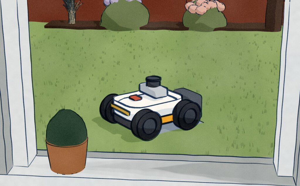 From inside the front room, looking down through a raised sash window past a potted box ball on the sill: the white Mammotion LUBA mini 2 sits docked on its charging station on the lawn below, its back to the house and its rear light bar lit.