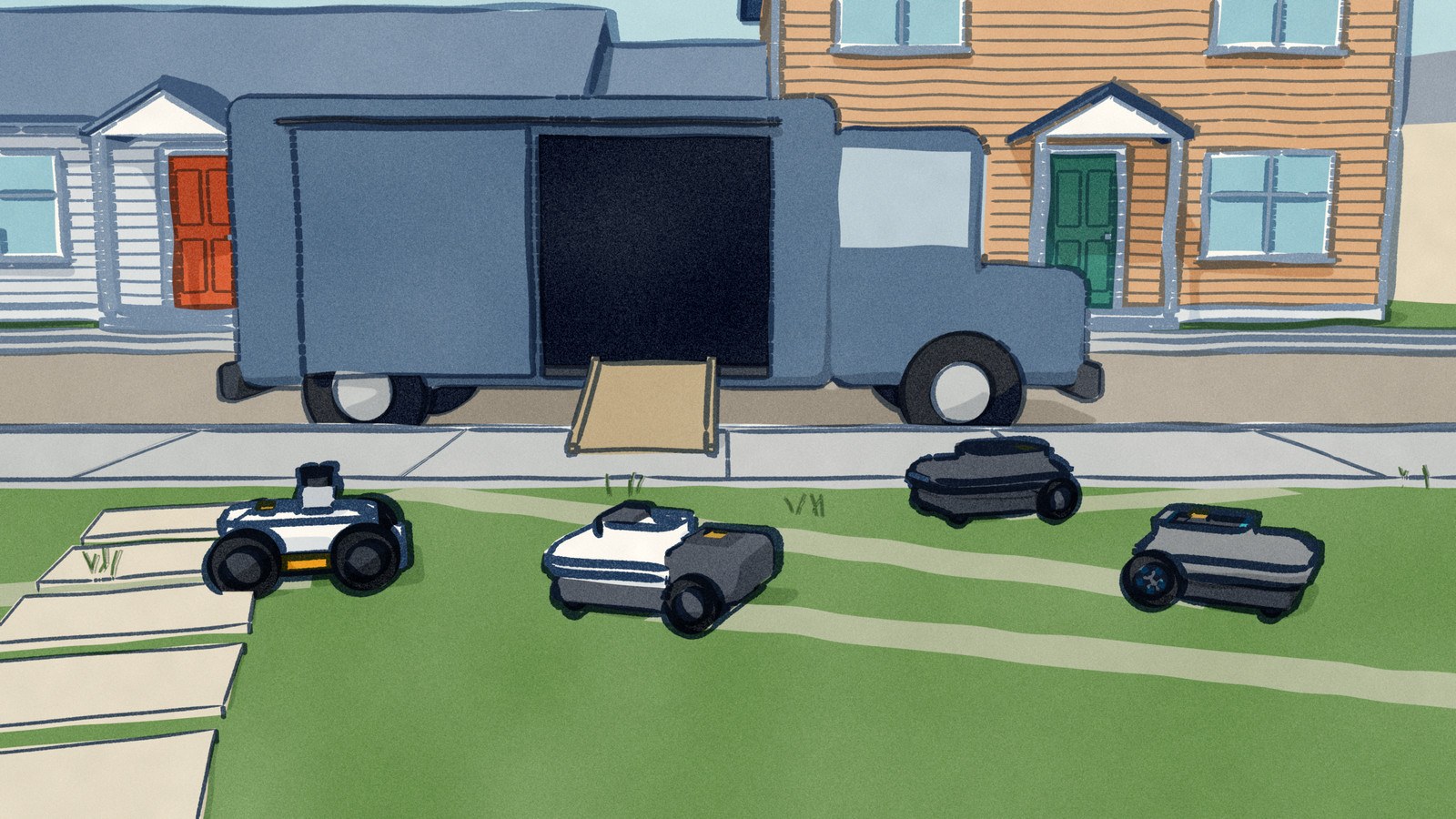 Four robot mowers cut an unfenced front lawn a few metres from the pavement, where a van waits at the kerb with its side door open and a ramp down.